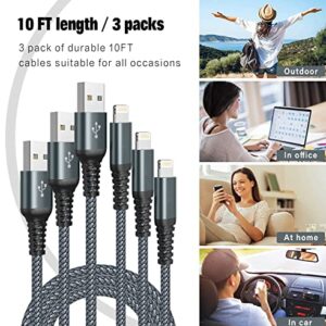 Lightning Cable 10FT MFi Certified iPhone Charger 3Pack Apple Charger Cord Fast Charging Nylon Braided USB to Lightning Cable for iPhone 14/13/12/11/X/Pro/Max/8/7/6/6S/SE/Plus/iPad（Gray）