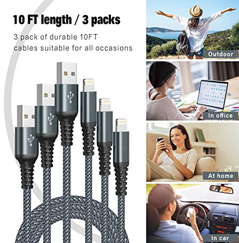 Lightning Cable 10FT MFi Certified iPhone Charger 3Pack Apple Charger Cord Fast Charging Nylon Braided USB to Lightning Cable for iPhone 14/13/12/11/X/Pro/Max/8/7/6/6S/SE/Plus/iPad（Gray）