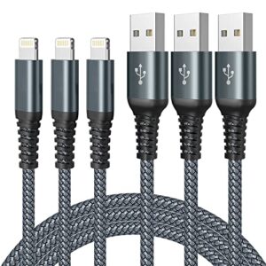 lightning cable 10ft mfi certified iphone charger 3pack apple charger cord fast charging nylon braided usb to lightning cable for iphone 14/13/12/11/x/pro/max/8/7/6/6s/se/plus/ipad（gray）