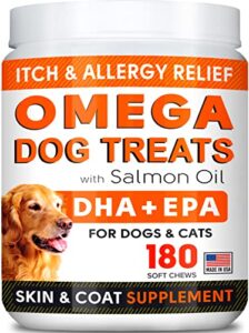 fish oil omega 3 treats for dogs - allergy and itch relief - skin and coat supplement - joint health - wild alaskan salmon oil - shedding, itchy skin relief - omega 3 6 9 - epa & dha - 180 treats