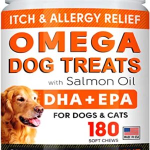 Fish Oil Omega 3 Treats for Dogs - Allergy and Itch Relief - Skin and Coat Supplement - Joint Health - Wild Alaskan Salmon Oil - Shedding, Itchy Skin Relief - Omega 3 6 9 - EPA & DHA - 180 Treats