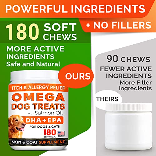 Fish Oil Omega 3 Treats for Dogs - Allergy and Itch Relief - Skin and Coat Supplement - Joint Health - Wild Alaskan Salmon Oil - Shedding, Itchy Skin Relief - Omega 3 6 9 - EPA & DHA - 180 Treats