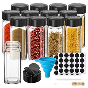 12 pack glass spice jars with labels, 4oz spices containers spice jars with black shaker lids, empty containers for spice, silicone funnel and pen included