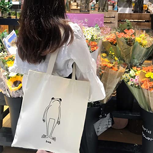 THEYGE Frog Tote Bag Cute Canvas Bag Aesthetic Funny Tote Bag For Women Frogs Tote Handbag Cotton Grocery Shopping Bag Beach Shoulder Bag