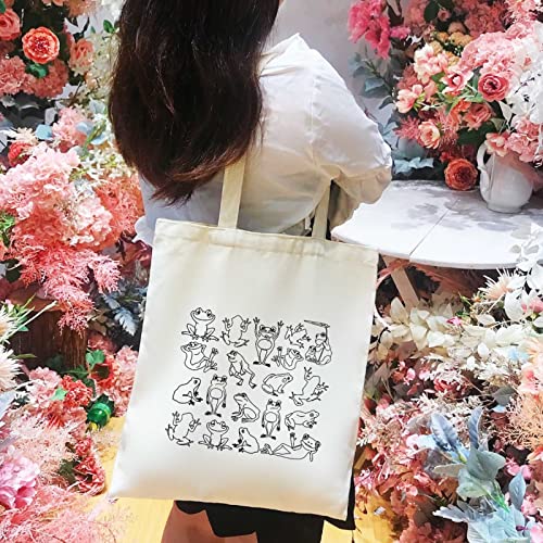 THEYGE Frog Tote Bag Cute Canvas Bag Aesthetic Funny Tote Bag For Women Frogs Tote Handbag Cotton Grocery Shopping Bag Beach Shoulder Bag