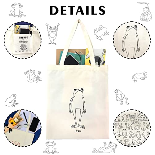 THEYGE Frog Tote Bag Cute Canvas Bag Aesthetic Funny Tote Bag For Women Frogs Tote Handbag Cotton Grocery Shopping Bag Beach Shoulder Bag