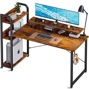 odk computer desk with storage shelves and monitor stand, 47 inch writing desk with bookshelf, reversible study table for home office, small space bedroom, rustic brown