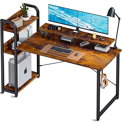 ODK Computer Desk with Storage Shelves and Monitor Stand, 47 Inch Writing Desk with Bookshelf, Reversible Study Table for Home Office, Small Space Bedroom, Rustic Brown