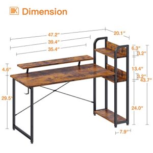 ODK Computer Desk with Storage Shelves and Monitor Stand, 47 Inch Writing Desk with Bookshelf, Reversible Study Table for Home Office, Small Space Bedroom, Rustic Brown