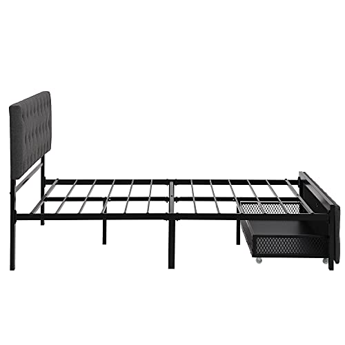 Merax Metal Upholstered Bed Frame wit Storage Drawer/Mattress Foundation/Wood Slat Support/No Box Spring Needed Gray, Full