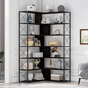 kivenjaja 7-tier corner bookshelf, l-shaped modern display bookcase, tall standing storage book shelves with metal frame for living room bedroom office, black
