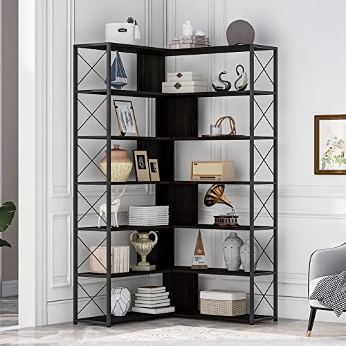 KIVENJAJA 7-Tier Corner Bookshelf, L-Shaped Modern Display Bookcase, Tall Standing Storage Book Shelves with Metal Frame for Living Room Bedroom Office, Black