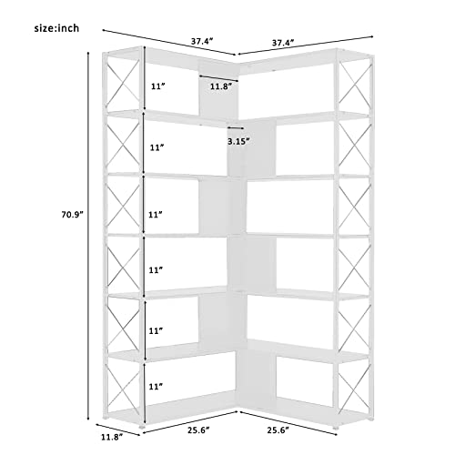 KIVENJAJA 7-Tier Corner Bookshelf, L-Shaped Modern Display Bookcase, Tall Standing Storage Book Shelves with Metal Frame for Living Room Bedroom Office, Black