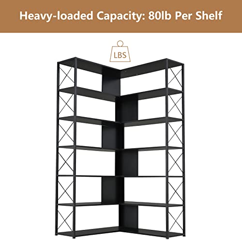 KIVENJAJA 7-Tier Corner Bookshelf, L-Shaped Modern Display Bookcase, Tall Standing Storage Book Shelves with Metal Frame for Living Room Bedroom Office, Black