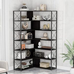 KIVENJAJA 7-Tier Corner Bookshelf, L-Shaped Modern Display Bookcase, Tall Standing Storage Book Shelves with Metal Frame for Living Room Bedroom Office, Black