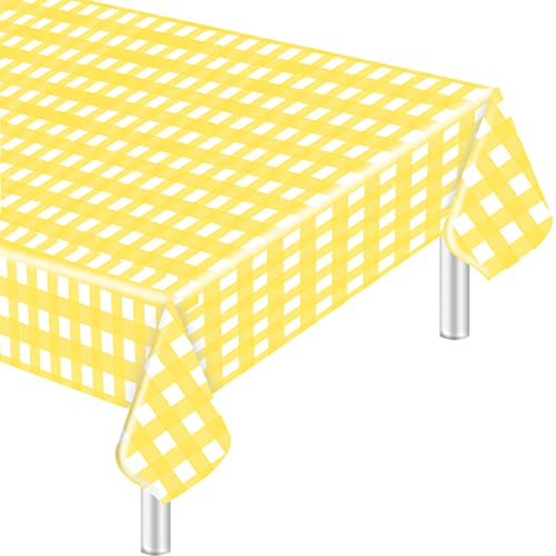 HEIPINIUYE 3 Pack White and Yellow Checkered Tablecloth 54 X108 Waterproof Disposable Gingham Table Cover Rectangle Plastic Table Cloths for Party Birthday Camping Wedding Picnic Baby Shower