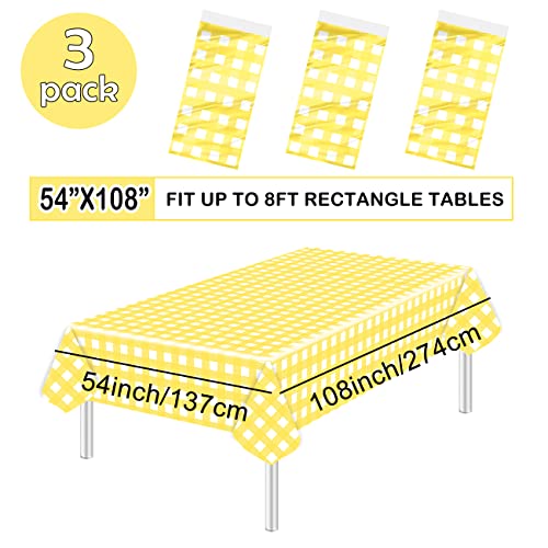 HEIPINIUYE 3 Pack White and Yellow Checkered Tablecloth 54 X108 Waterproof Disposable Gingham Table Cover Rectangle Plastic Table Cloths for Party Birthday Camping Wedding Picnic Baby Shower