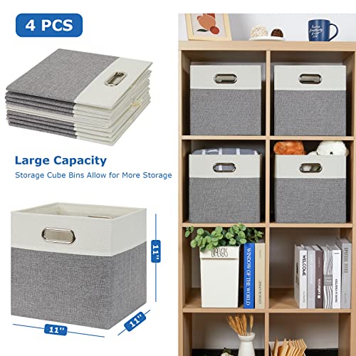 Temary Cube Storage Bins 11x11 Storage Cubes Organizers Bins with Handles, Set of 4 Foldable Storage Baskets for Shelves, Decorative Fabric Storage Boxes for Home, Office (White&Grey)