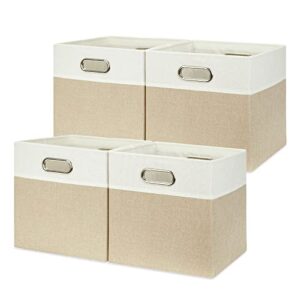 temary 11 inch cube storage bins 4 pack fabric storage cubes decorative storage baskets with handles, closet storage bins for cube organizer, collapsible bins for home, nursery (white&khaki)