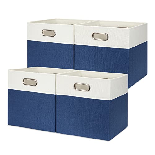 Temary Fabric Storage Cubes Bins 11x11 Cube Storage Organizer Bins with Handles, 4 PCs Blue Storage Baskets for Organizing Home, Collapsible Storage Boxes for Toys, Clothes (White&Blue)