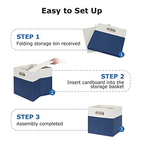 Temary Fabric Storage Cubes Bins 11x11 Cube Storage Organizer Bins with Handles, 4 PCs Blue Storage Baskets for Organizing Home, Collapsible Storage Boxes for Toys, Clothes (White&Blue)