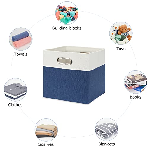 Temary Fabric Storage Cubes Bins 11x11 Cube Storage Organizer Bins with Handles, 4 PCs Blue Storage Baskets for Organizing Home, Collapsible Storage Boxes for Toys, Clothes (White&Blue)