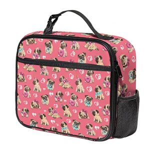 ivenhlys dog lunch box, cute pugs insulated lunch bag leakproof durable reusable adult tote bag with pocket, cooler lunch box for women men dog lover kid pink ideal gift…