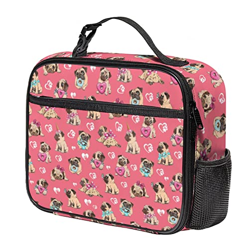 IVENHLYS Dog Lunch Box, Cute Pugs Insulated Lunch Bag Leakproof Durable Reusable Adult Tote Bag with Pocket, Cooler Lunch Box for Women Men Dog Lover Kid Pink Ideal Gift…