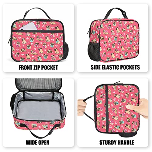 IVENHLYS Dog Lunch Box, Cute Pugs Insulated Lunch Bag Leakproof Durable Reusable Adult Tote Bag with Pocket, Cooler Lunch Box for Women Men Dog Lover Kid Pink Ideal Gift…