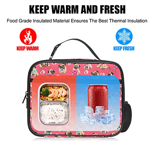 IVENHLYS Dog Lunch Box, Cute Pugs Insulated Lunch Bag Leakproof Durable Reusable Adult Tote Bag with Pocket, Cooler Lunch Box for Women Men Dog Lover Kid Pink Ideal Gift…