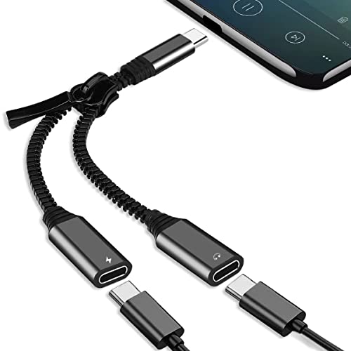 HLDInie USB Type C to Dual USB Type C Audio C-Type Headphone Connector and C-Type Charging Adapter, Charging and Music 2 in 1 Aux Cable (Black)