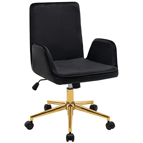 Furnimart Velvet Home Office Desk Chair, Swivel Desk Chair with Gold Base, Height Adjustable Task Chair with Wheels for Living Room Study Room and Bedroom Black