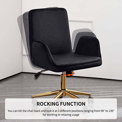 Furnimart Velvet Home Office Desk Chair, Swivel Desk Chair with Gold Base, Height Adjustable Task Chair with Wheels for Living Room Study Room and Bedroom Black