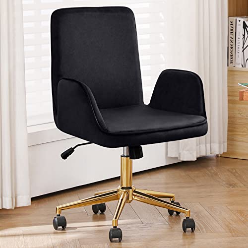 Furnimart Velvet Home Office Desk Chair, Swivel Desk Chair with Gold Base, Height Adjustable Task Chair with Wheels for Living Room Study Room and Bedroom Black