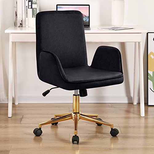 Furnimart Velvet Home Office Desk Chair, Swivel Desk Chair with Gold Base, Height Adjustable Task Chair with Wheels for Living Room Study Room and Bedroom Black