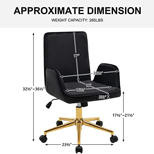 Furnimart Velvet Home Office Desk Chair, Swivel Desk Chair with Gold Base, Height Adjustable Task Chair with Wheels for Living Room Study Room and Bedroom Black
