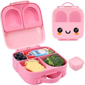 twokiwi bento lunch box for kids - lunch containers with 4 compartments includes sauce jar & removable divider, durable, bpa-free, food-safe materials (pink)