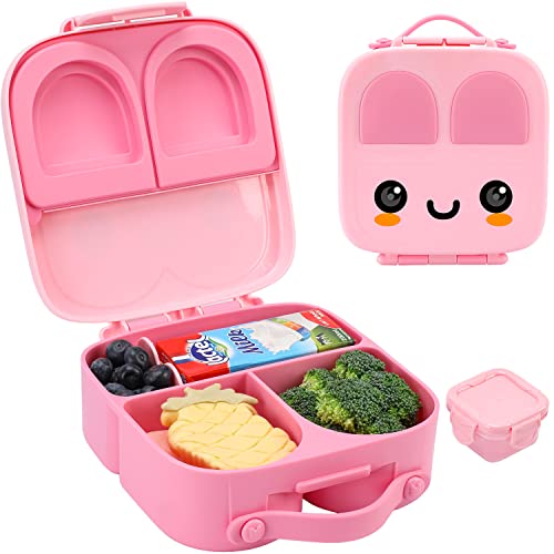 TWOKIWI Bento Lunch Box for Kids - Lunch Containers with 4 Compartments Includes Sauce Jar & Removable Divider, Durable, BPA-Free, Food-Safe Materials (Pink)