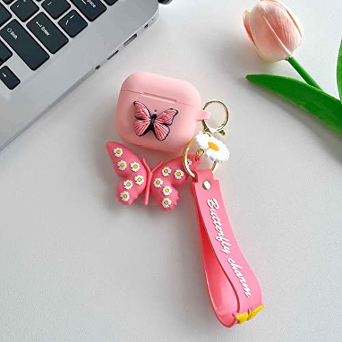 Slinbee Compatible with Airpods 3rd Gen 2021 Case Cover, Cute 3D Butterfly Fashion Cartoon Liquid Silicone Kids Teens Cases with Fun Cool Keychain for Apple Airpods 3rd Generation Charging Case (pink)