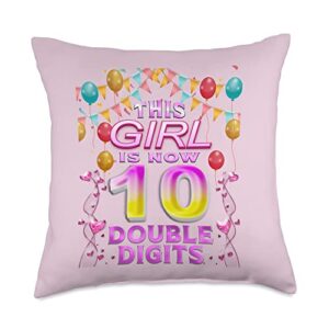 happy 10 birthday girl, 10 years girl birthday tee this girl is now double digits, it's my 10th birthday throw pillow, 18x18, multicolor