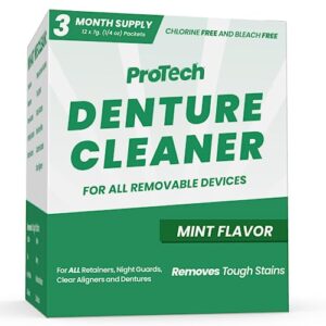 Protech Denture Cleaner 7g (3-Month Supply) Denture Cleanser Foils for Retainers, Nightguards, Mouthguards, and Dentures, Nicotine, Coffee and Iron Cleaning Foils, No Tablets, Long Lasting Packets