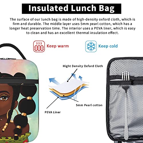 yalinan African Girl Insulated Lunch Bag Black Girl Kids Lunch Box Small Freezable Lunchbox for Teen Girls Teacher Work Middle School Picnic