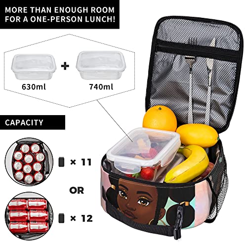 yalinan African Girl Insulated Lunch Bag Black Girl Kids Lunch Box Small Freezable Lunchbox for Teen Girls Teacher Work Middle School Picnic