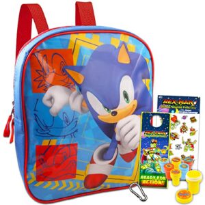 color shop sonic the hedgehog mini backpack for kids - 11'' sonic backpack bundle with monster stickers, superhero stampers, backpack clip, & more (sonic school supplies)