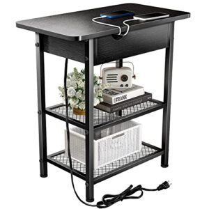 mr ironstone end table with charging station, flip top, 2 power outlets & 2 usb ports, storage shelf, narrow nightstand, small side table for living room, bedroom, black