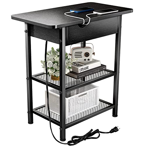 Mr IRONSTONE End Table with Charging Station, Flip Top, 2 Power Outlets & 2 USB Ports, Storage Shelf, Narrow Nightstand, Small Side Table for Living Room, Bedroom, Black