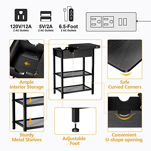 Mr IRONSTONE End Table with Charging Station, Flip Top, 2 Power Outlets & 2 USB Ports, Storage Shelf, Narrow Nightstand, Small Side Table for Living Room, Bedroom, Black