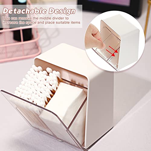 2 Pcs Cotton Ball Holder Canisters for Cotton Swabs Floss Dispenser Container Box with 2 Compartments Bathroom Storage Cotton Pads Organizer with Clear Lid for Cotton Round Makeup, White