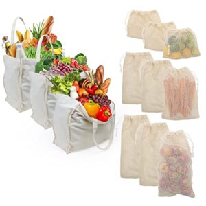 reusable grocery bags set of 12, 100% cotton plain cloth blank canvas heavy duty bag bundle, with handles for shopping, produce, farmers market, include 3 small, 3 medium, 3 large mesh bags, 3 tote