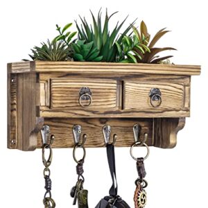 mygift wall mounted rustic solid burnt wood entryway key organizer rack floating shelf with decorative artificial succulent plant box with faux vintage drawers and 4 hooks